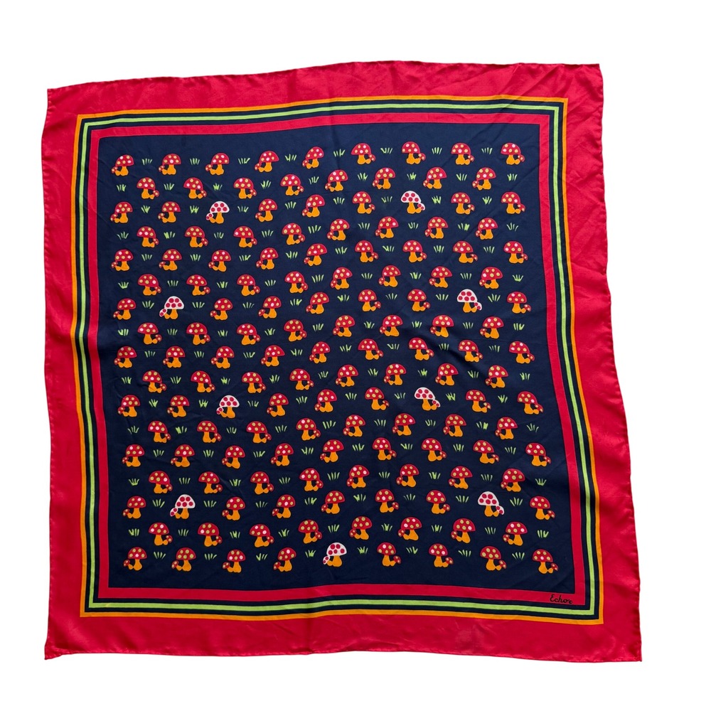 Vtg Echo Mushroom Silk Scarf Red Navy Cottagecore Fairy whimsy 70s retro Fungi - Picture 2 of 11